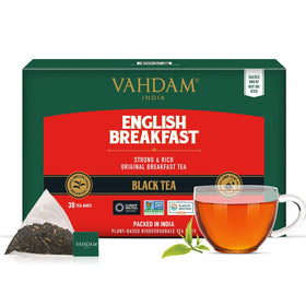 VAHDAM English Breakfast tea box showcasing premium full-bodied flavor