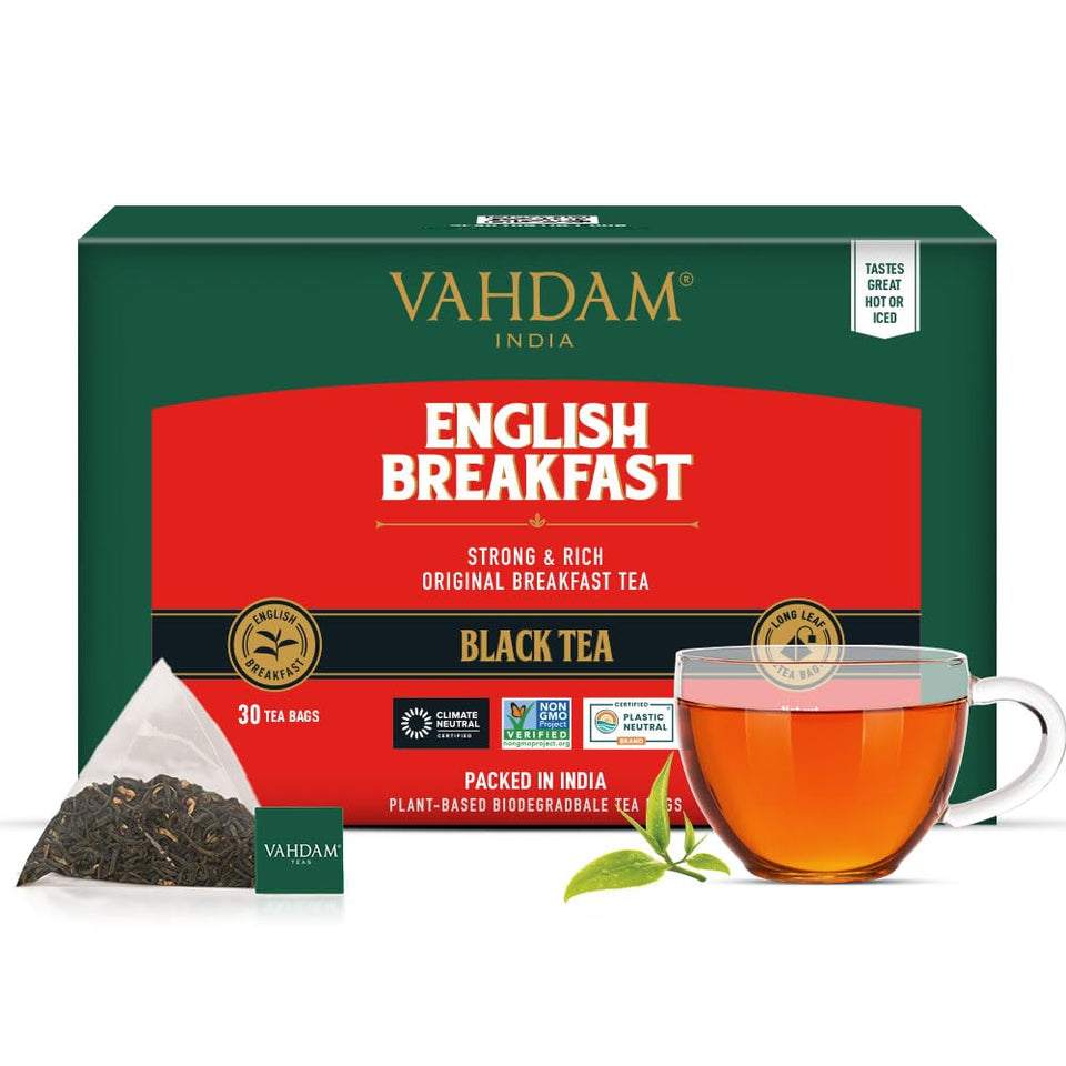 VAHDAM English Breakfast tea box showcasing premium full-bodied flavor
