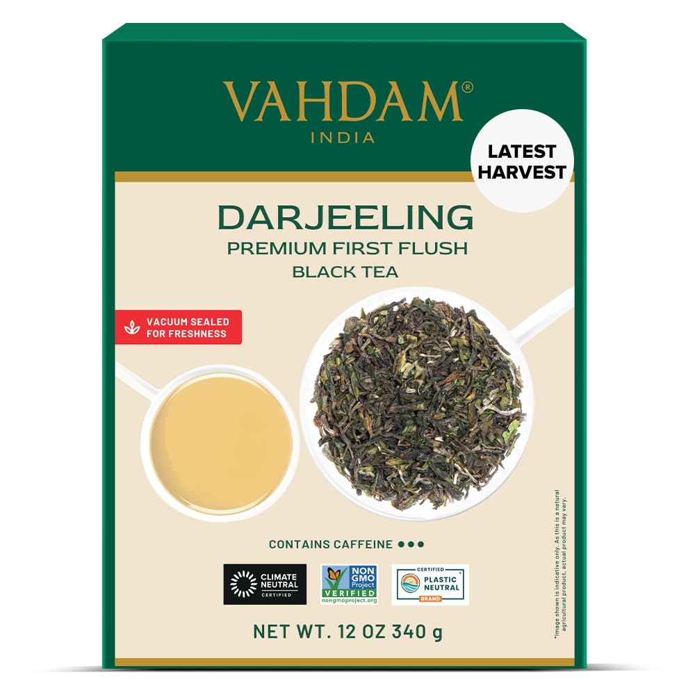 VAHDAM First Flush Darjeeling tea pack shown for a fresh morning cup