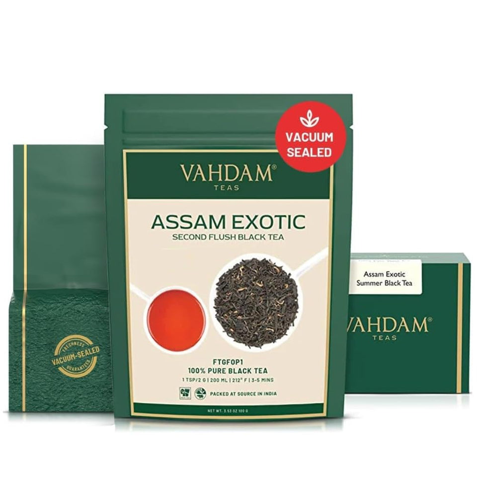 VAHDAM Fresh Harvest Assam tea leaves with golden tips ready for brewing