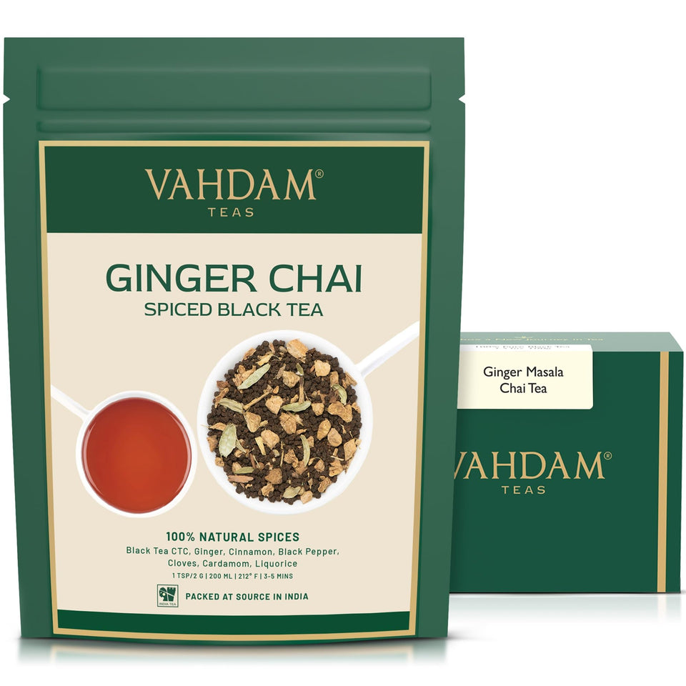 VAHDAM Ginger Masala Chai Tea pack highlighting fresh aroma for daily brewing.