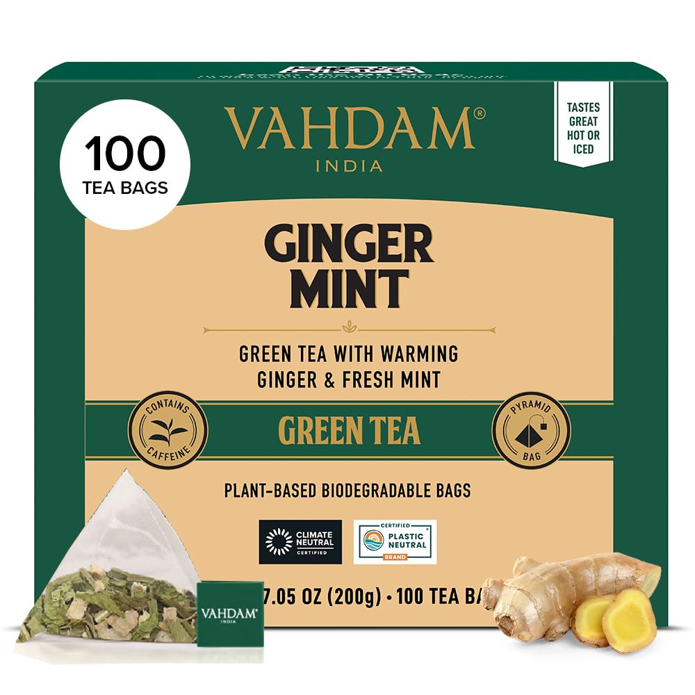 VAHDAM ginger mint green tea bags, 100 count, convenient daily refreshment.