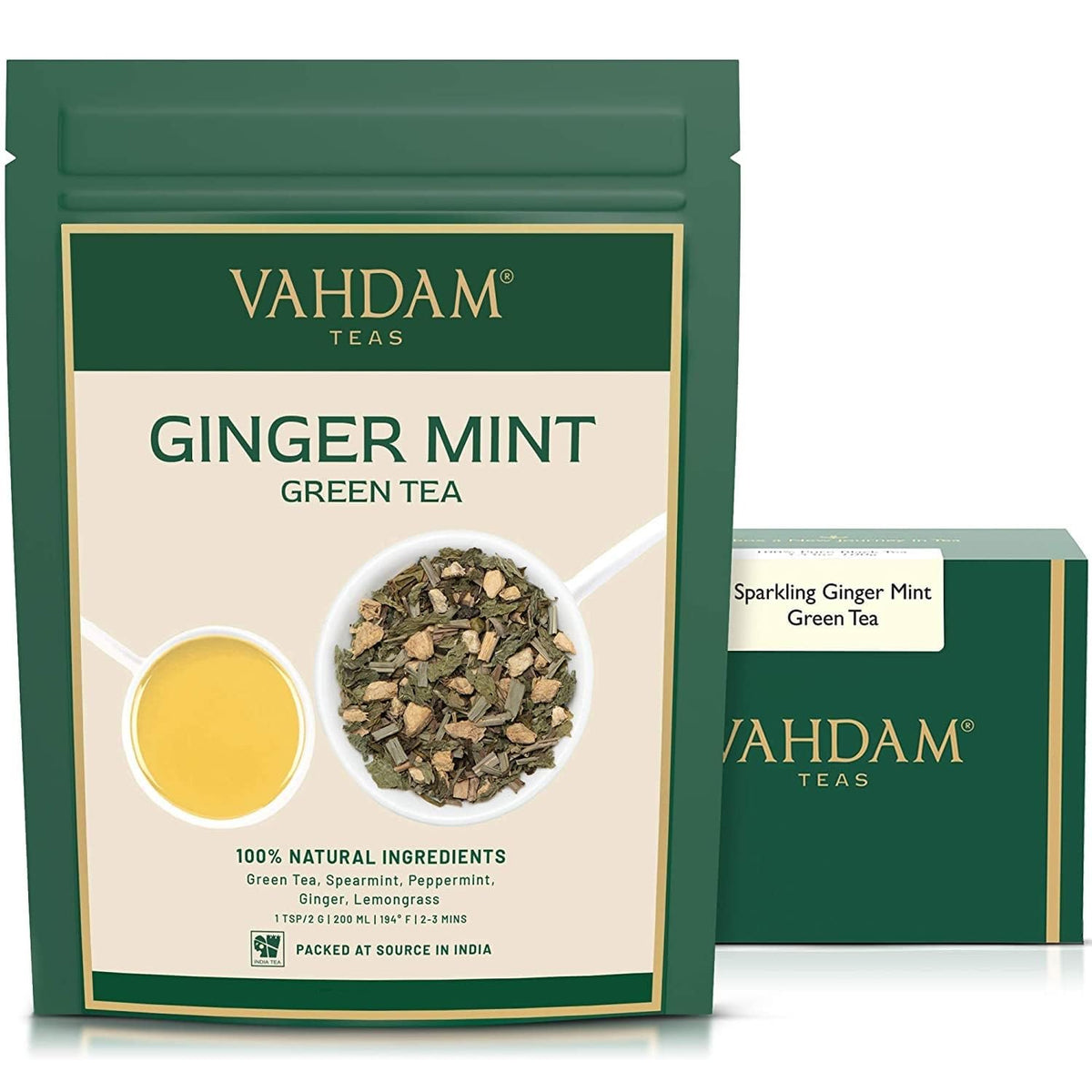 VAHDAM Ginger Mint Green Tea loose-leaf delivering vibrant aroma and flavor
