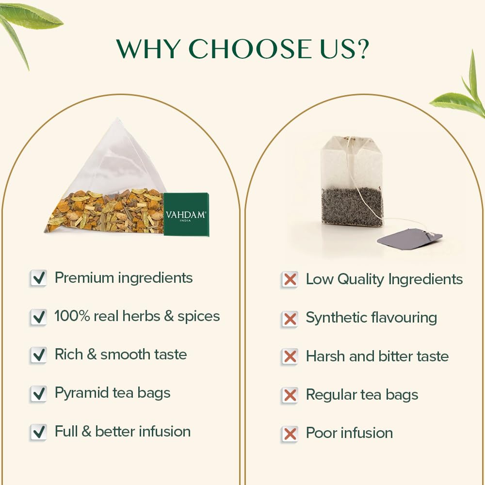 VAHDAM gluten-free caffeine-free herbal tea suited for any time of day.