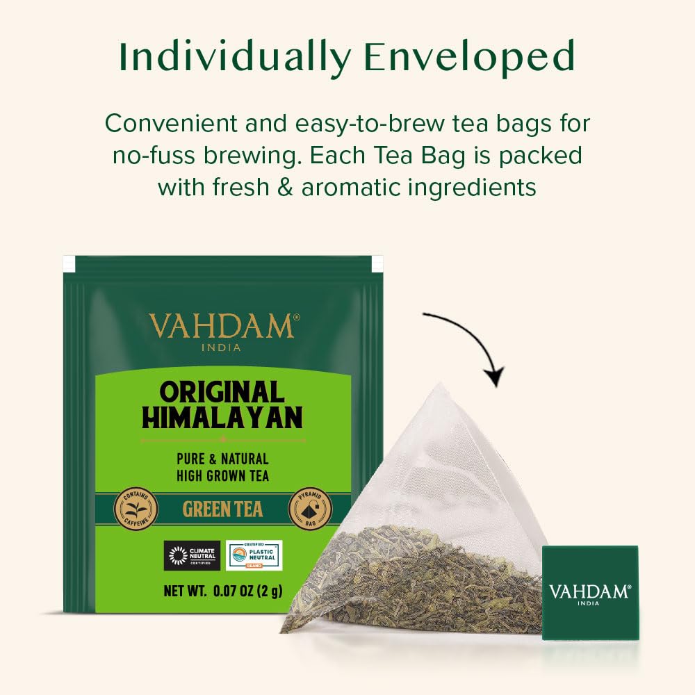 VAHDAM green tea leaves in individually wrapped bags lock in flavor.