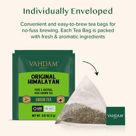 VAHDAM green tea leaves in individually wrapped bags lock in flavor.
