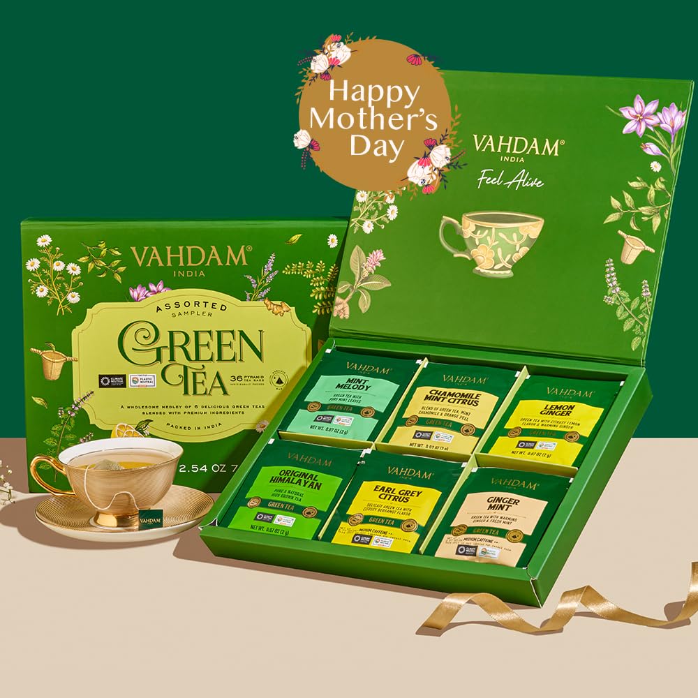 VAHDAM sampler box side displays gift-worthy packaging for tea lovers.