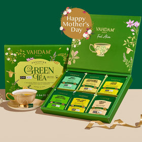 VAHDAM sampler box side displays gift-worthy packaging for tea lovers.