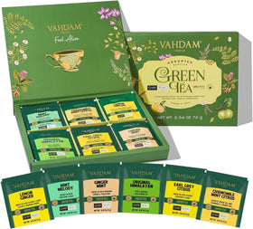 VAHDAM Green Tea Variety Pack Sampler front view for versatile daily tea rituals.