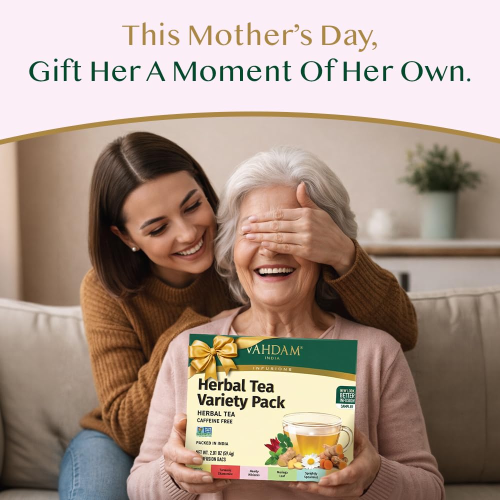 VAHDAM herbal tea gift set turmeric chamomile flavor offers calming floral notes