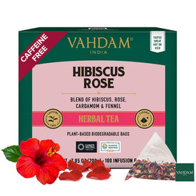 VAHDAM Hibiscus Rose Tea Bags pack with resealable pouch for lasting freshness.