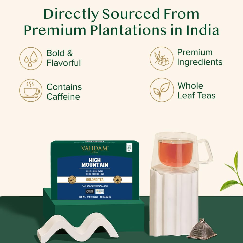 VAHDAM High Mountain Oolong tea bags in resealable pouch preserve freshness.
