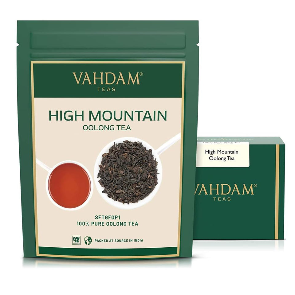 VAHDAM High Mountain Oolong tea leaves close up with floral aroma.