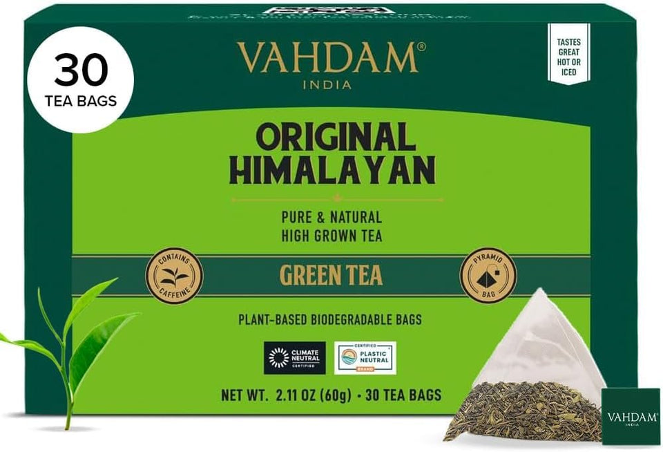VAHDAM Himalayan Green Tea packaging preserves freshness with a resealable pouch.