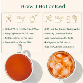 VAHDAM hot kettle pouring amber tea into glass.