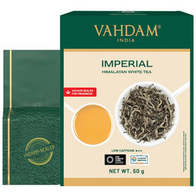 VAHDAM Imperial White Tea leaves in Himalayan packaging for premium freshness