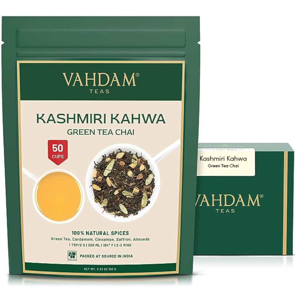 VAHDAM Kashmiri Kahwa Tea pack shot highlighting vacuum-sealed freshness
