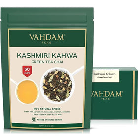 VAHDAM Kashmiri Kahwa Tea pack shot highlighting vacuum-sealed freshness