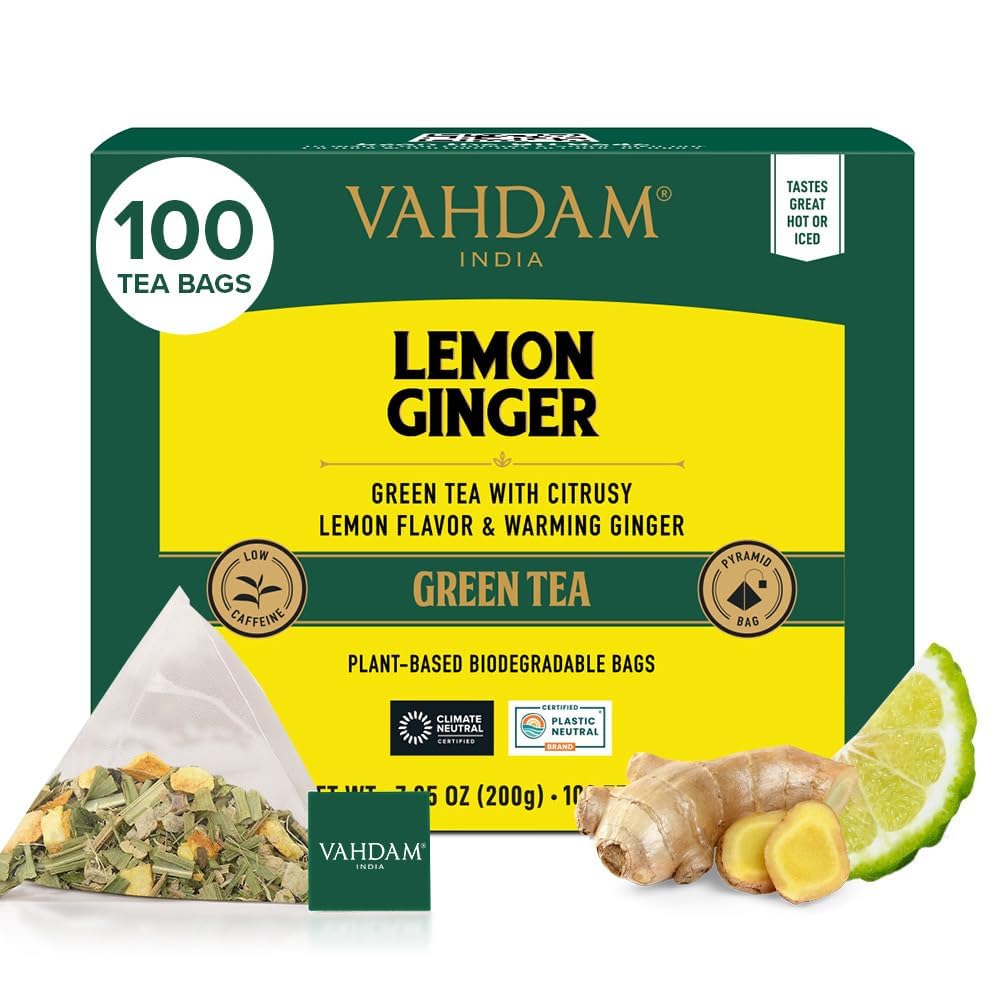 VAHDAM Lemon Ginger Green Tea Bags brew aroma for a refreshing, low-caffeine cup.