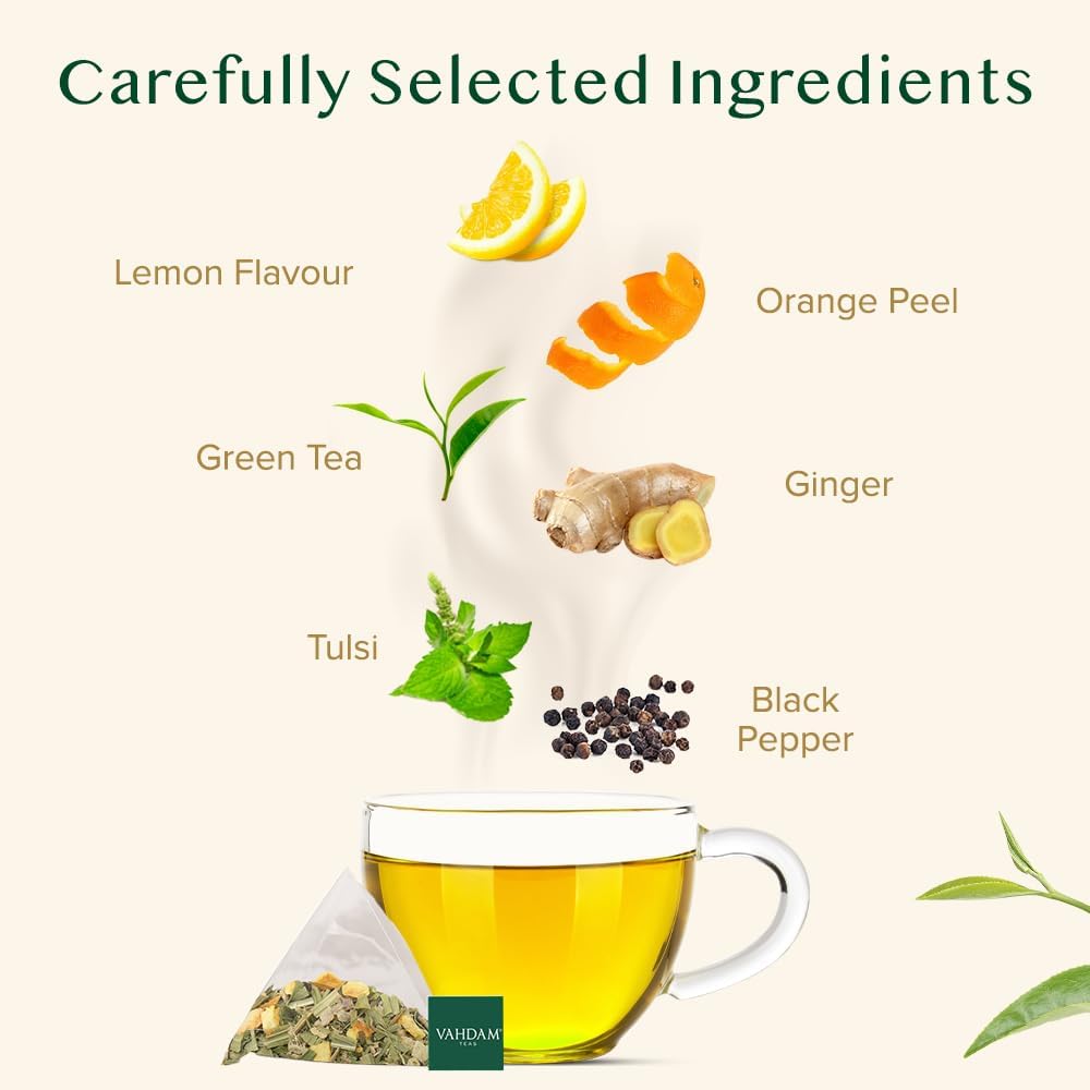 VAHDAM Lemon Ginger Green Tea packaging with reseal pouch preserves freshness.