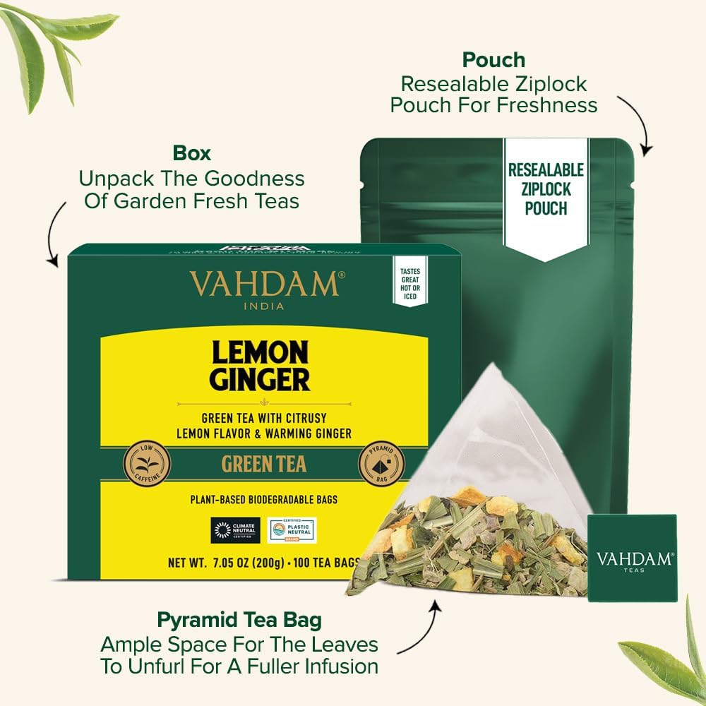 VAHDAM lemon-ginger-tea-cup steam rising for an inviting aroma.