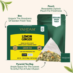 VAHDAM lemon-ginger-tea-cup steam rising for an inviting aroma.