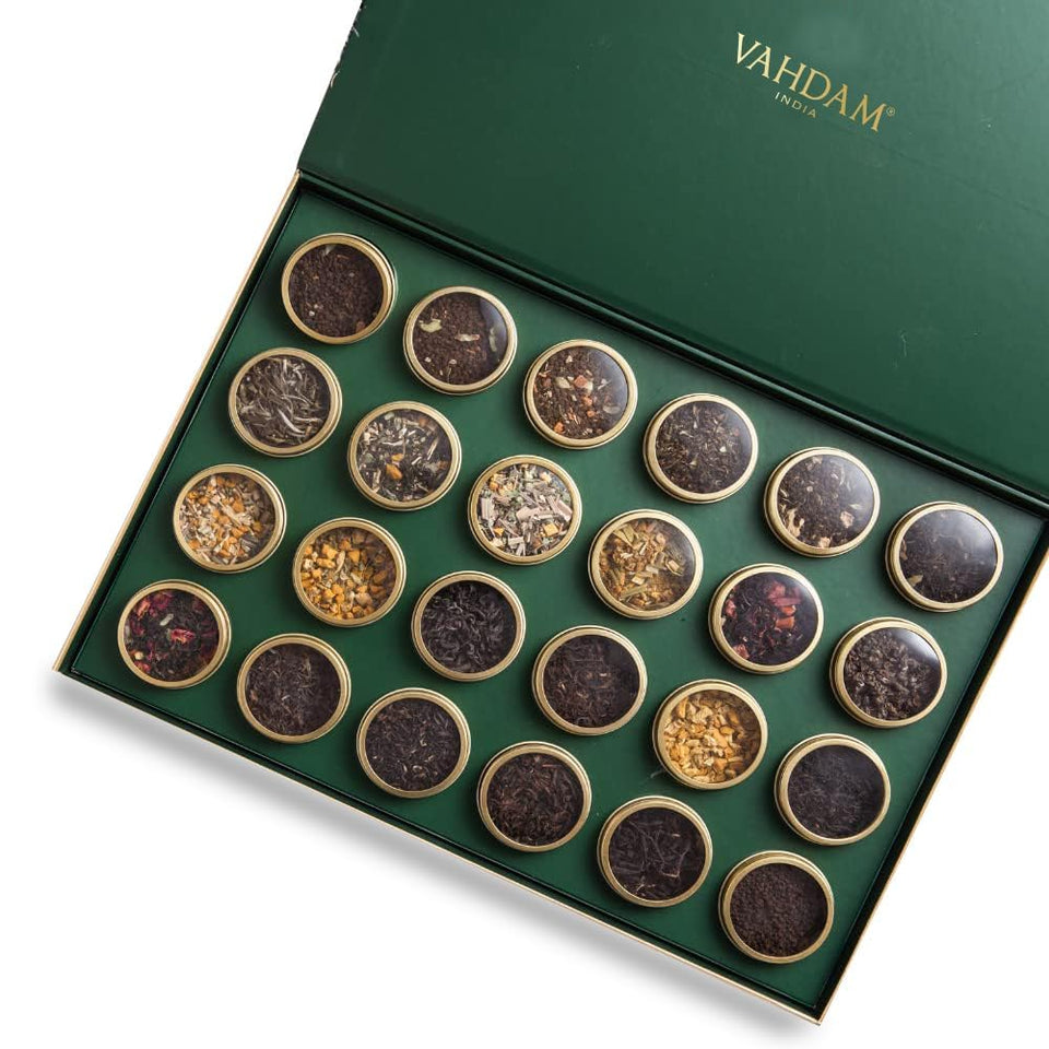 VAHDAM luxury tea gift set with gold tin caddies for thoughtful gifting.