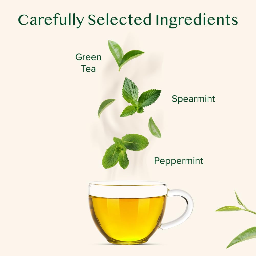 VAHDAM Mint Green Tea Bags cup brew shows a refreshing, low-caffeine option for afternoons.