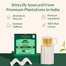 VAHDAM Mint Green Tea Bags ingredients closeup reveals real mint and pure green tea for flavor lovers.