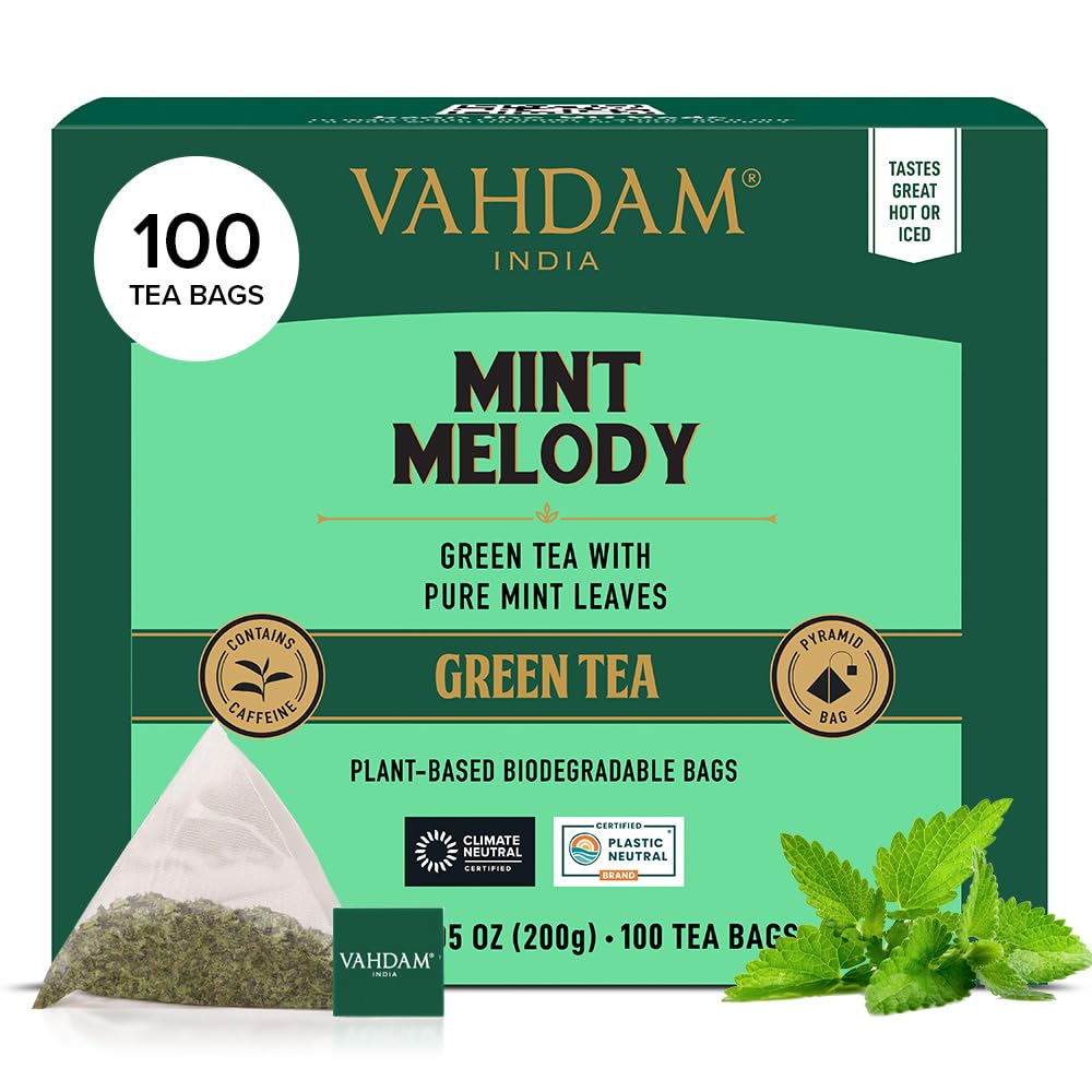 VAHDAM Mint Green Tea Bags packshot highlights a 100-count box for convenient daily brewing.