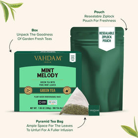 VAHDAM Mint Green Tea Bags pyramid structure promotes full leaf unfurling and richer aroma.