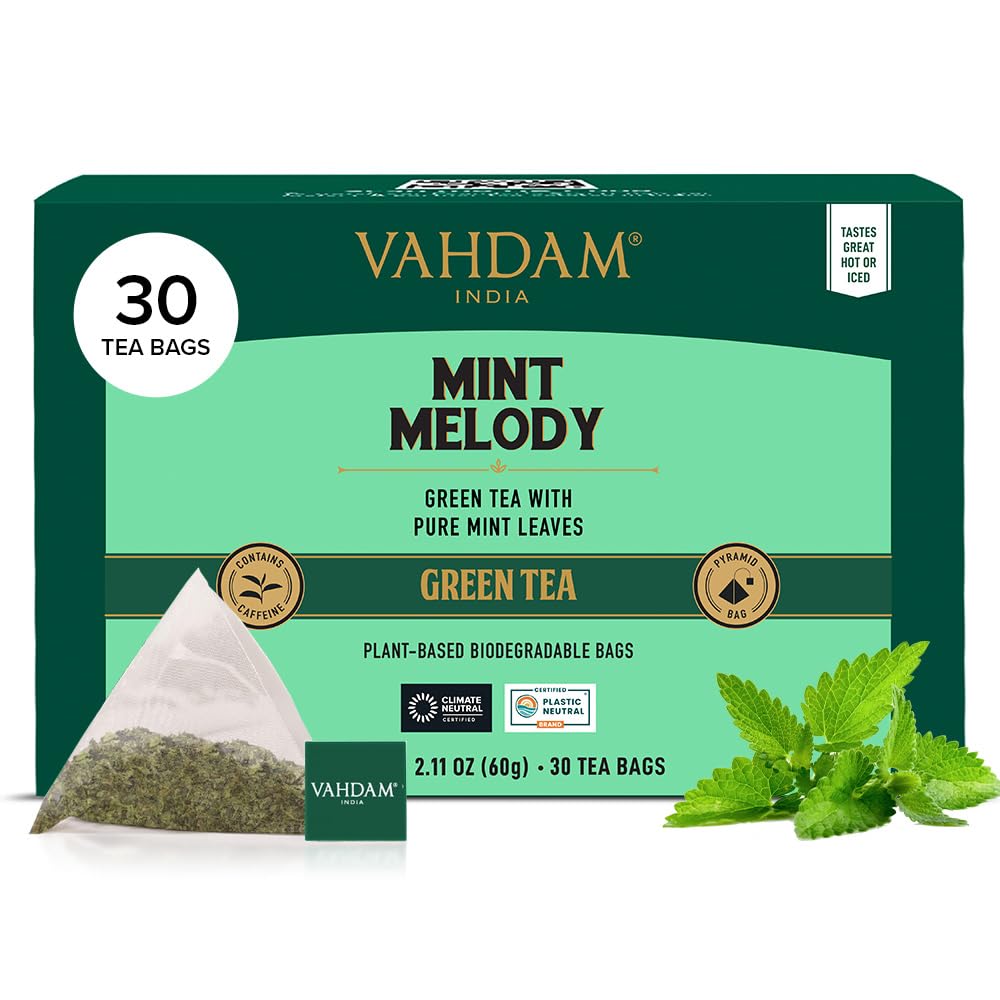 VAHDAM mint green tea bags pyramid—fresh aroma and fast brew