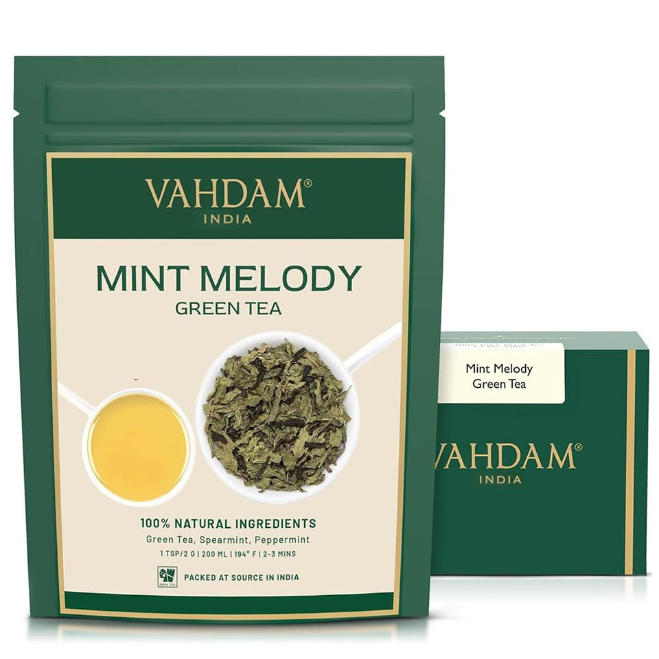 VAHDAM Mint Melody Green Tea loose leaf for a refreshing afternoon ritual