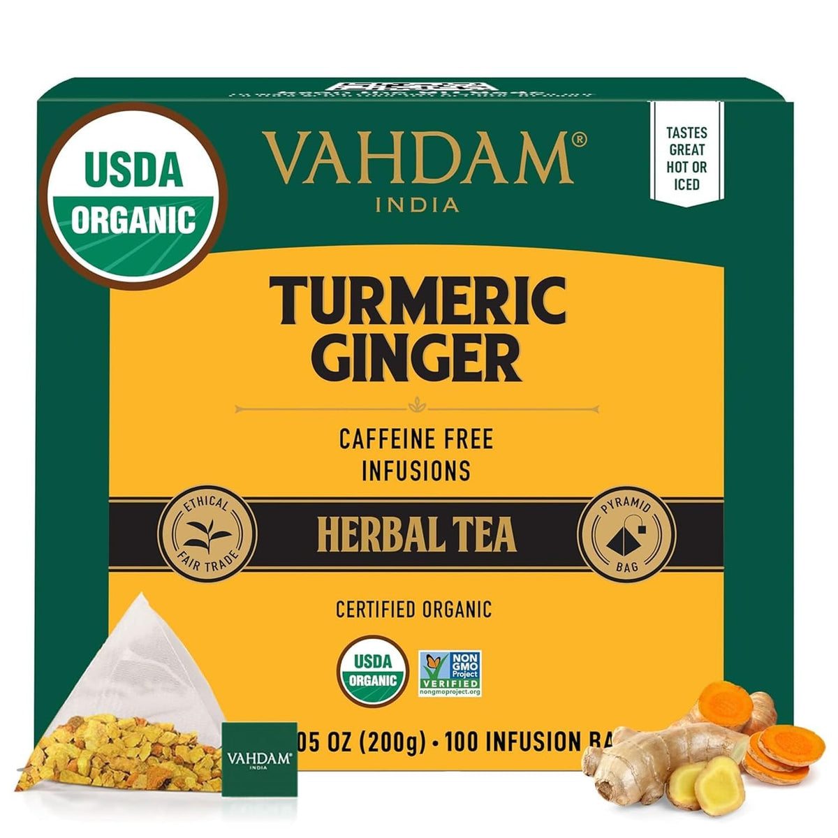VAHDAM turmeric-ginger tea bags packaging with eco-friendly design for sustainable rituals