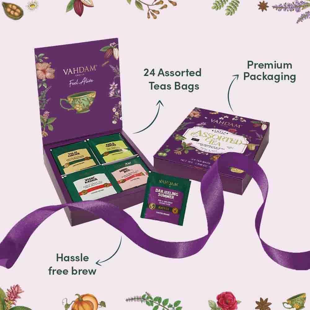 VAHDAM pyramid tea bags 24 varieties showcases bold infusions for varied tasting.