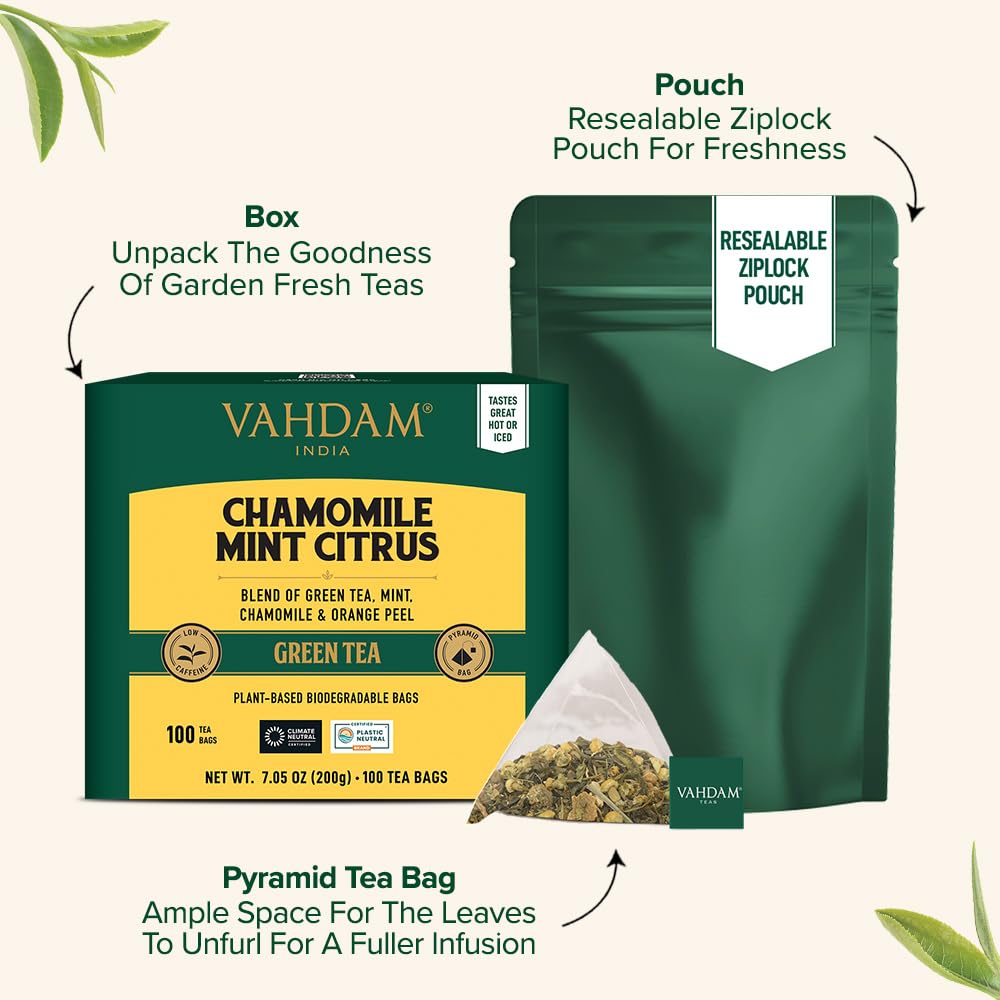 VAHDAM pyramid tea bags unfurling leaves for rich aroma.
