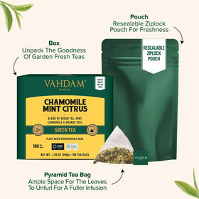 VAHDAM pyramid tea bags unfurling leaves for rich aroma.