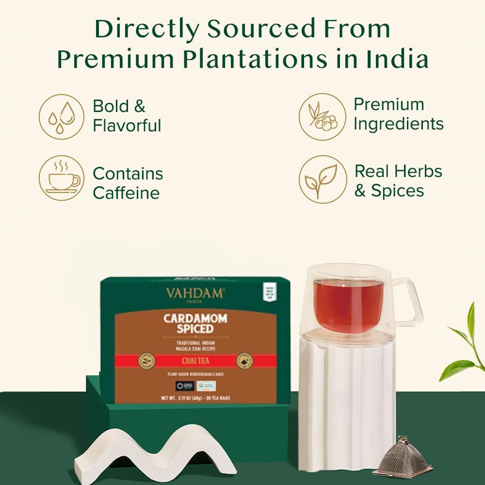 VAHDAM pyramid tea bags unfurling tea leaves for rich flavor