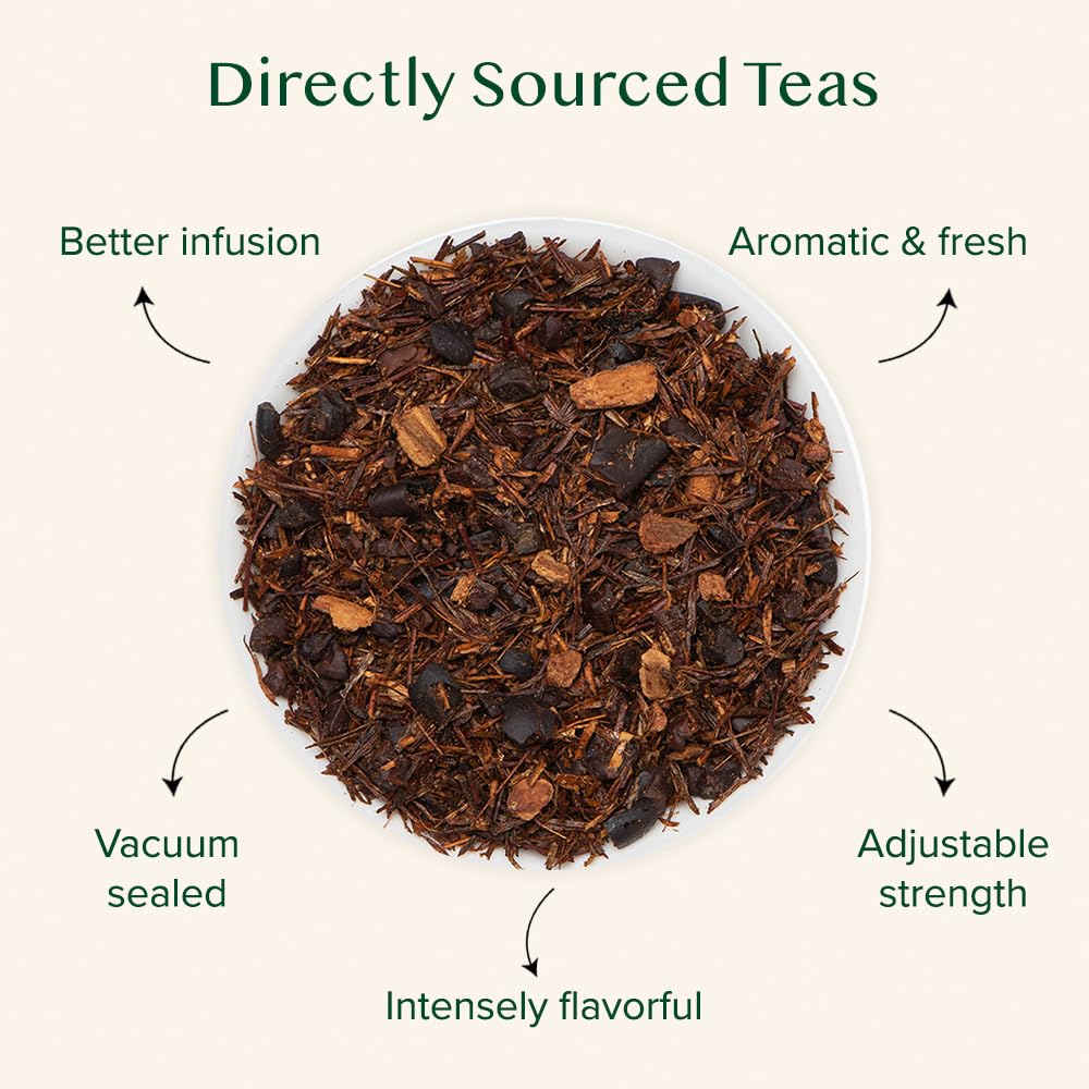 VAHDAM Rooibos chocolate vanilla cup brew highlighting cocoa, vanilla, and warm spice hints