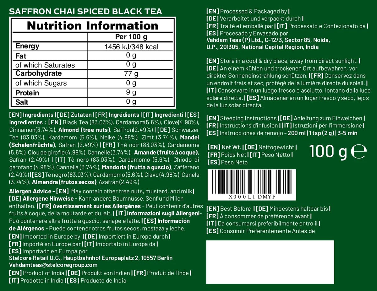 VAHDAM Saffron Spiced Chai carbon-neutral label signals commitment to sustainability.