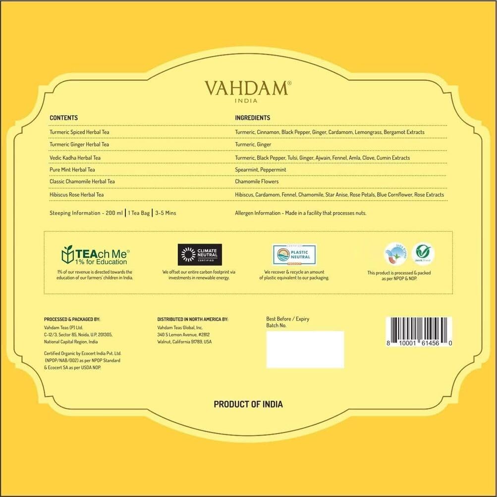 VAHDAM six-flavor herbal tea gift set ready for mom or friend.