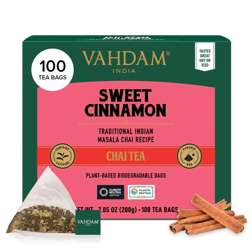 VAHDAM Sweet Cinnamon Chai tea bags in box ready for a fresh brew.