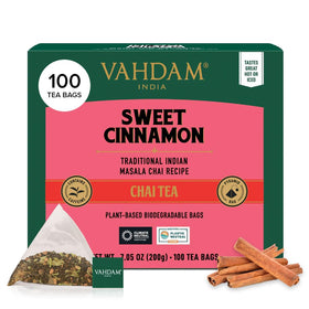 VAHDAM Sweet Cinnamon Chai tea bags in box ready for a fresh brew.