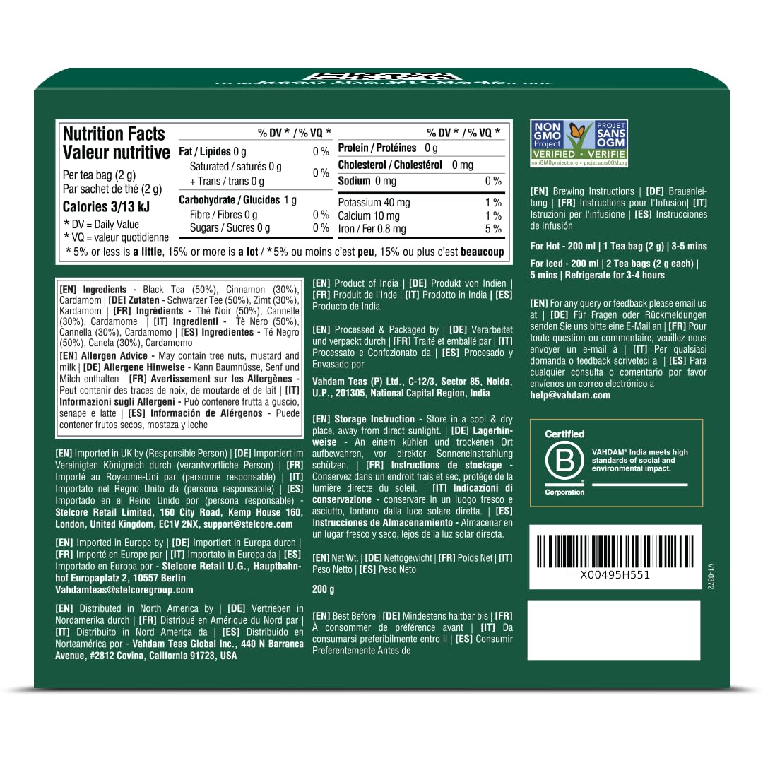 Product label and spices on VAHDAM chai, ideal for gifting.