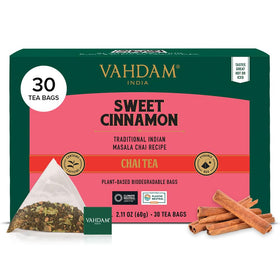 VAHDAM Sweet Cinnamon Tea pyramid bags releasing bold aroma