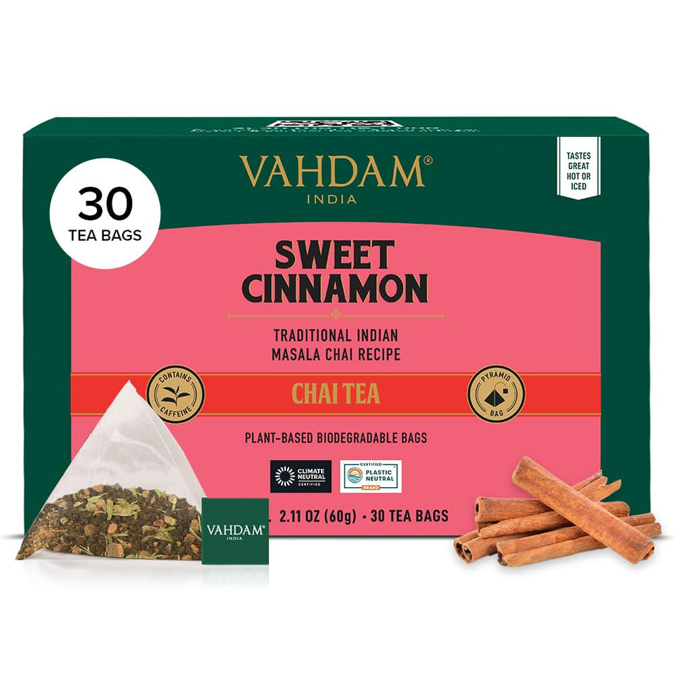 VAHDAM Sweet Cinnamon Tea pyramid bags releasing bold aroma