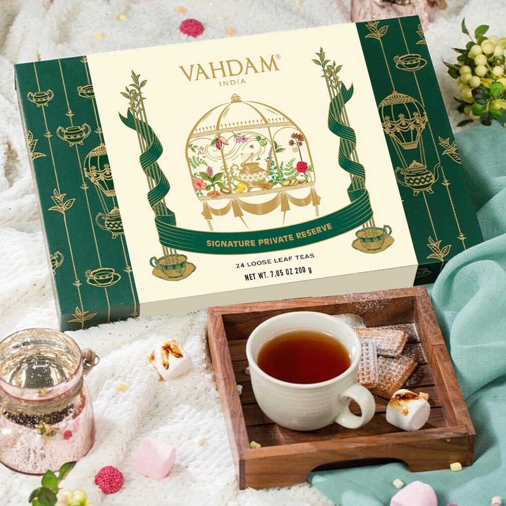 Fresh VAHDAM loose leaf teas steeping to release rich aromas.