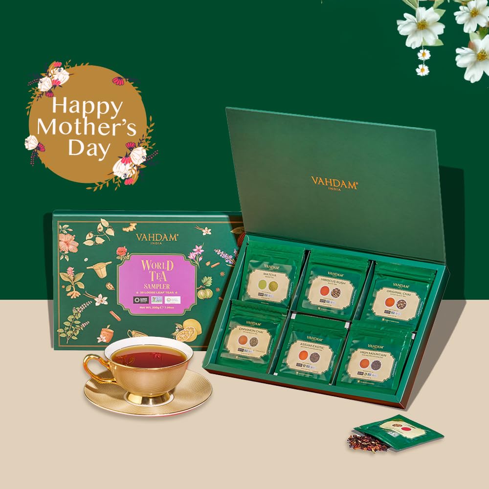 VAHDAM loose leaf tea sampler display showing diverse flavors for tasting