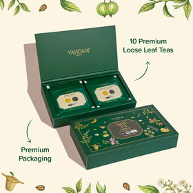 Display of VAHDAM tea tins demonstrating variety and accessibility