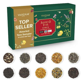 VAHDAM Top 10 Favourites Tea Sampler Set package shows a premium loose-leaf collection for gifting.